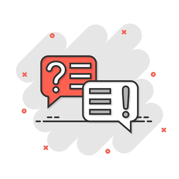 Question and answer icon in comic style Dialog speech bubble cartoon vector illustration on white isolated background Forum chat splash effect business concept