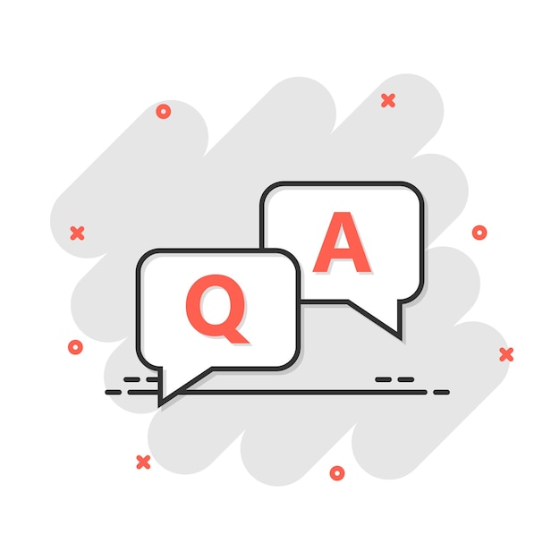 Vector question and answer icon in comic style discussion speech bubble vector cartoon illustration pictogram question answer business concept splash effect