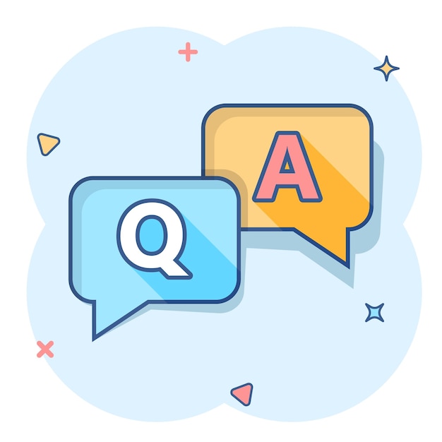 Question and answer icon in comic style discussion speech bubble vector cartoon illustration pictogram question answer business concept splash effect