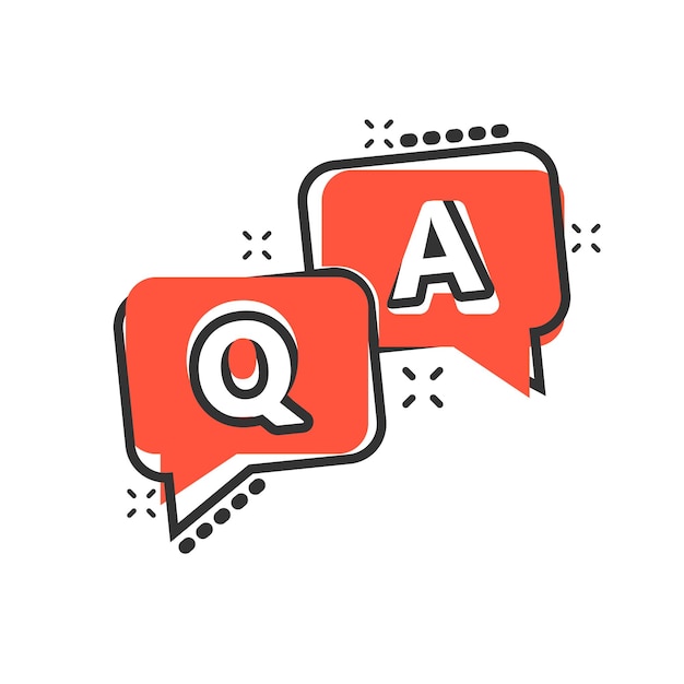 Vector question and answer icon in comic style discussion speech bubble vector cartoon illustration pictogram question answer business concept splash effect