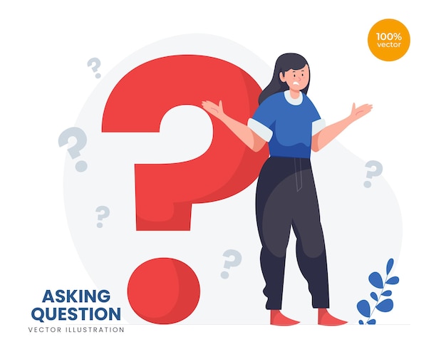 Question concept illustration, the girl thinking about something with question marks beside as a symbol.