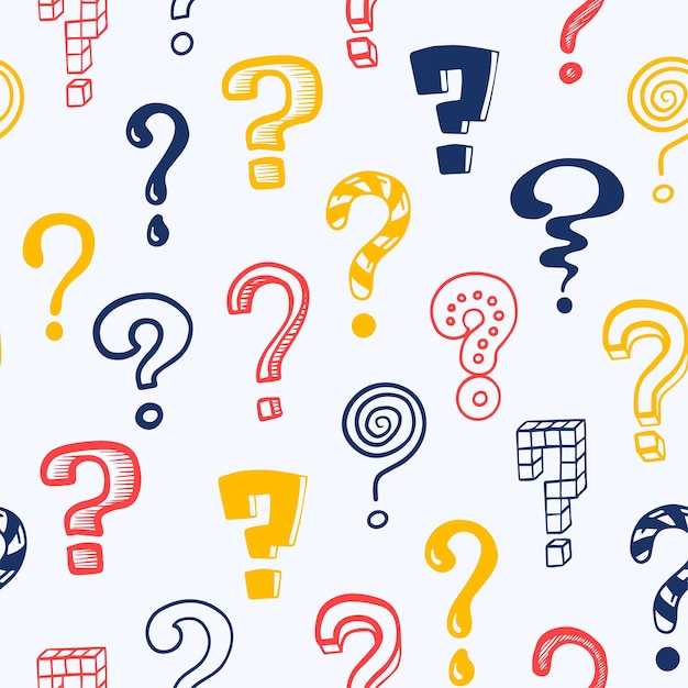 Question mark pattern Doodle seamless texture mockup with colorful interrogation symbols Hand drawn isolated asking signs Vector punctuation icon consisting of dot and curved line