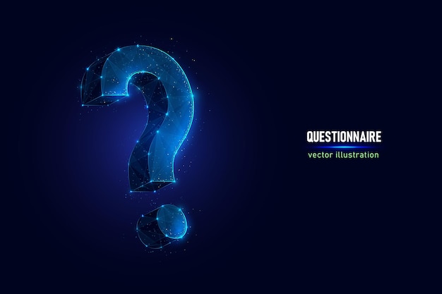 Question symbol digital wireframe made of connected dots. QnA sign low poly vector illustration on blue background.