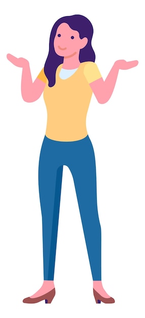 Vector questioning character cartoon young woman shrugging shoulders