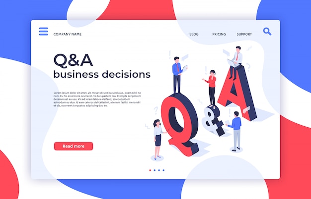 Questions and answers. find decision, problem solving and qa business decisions landing page isometric  illustration