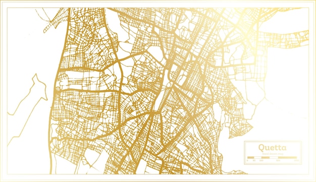 黄金色のアウトライン マップでレトロなスタイルでクエッタ パキスタン都市マップ