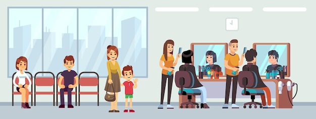 Vector queue in barber shop. people waiting haircut, cartoon women men child in parlor. hairdressing salon waiting line, happy male female hairdresser vector illustration. queue to hairdresser in barbershop