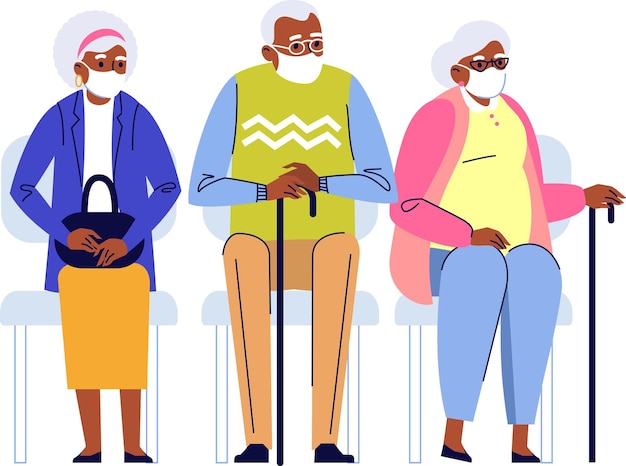 Vector queue of elderly black people in protective face masks