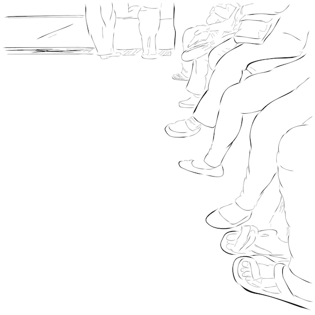 люди в очереди нога сидеть и стоять простой ручной рисунок эскиз