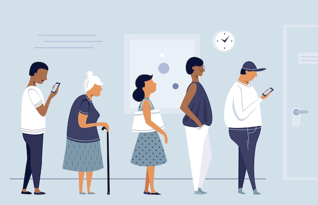 Vector queue of people, group of men and women waiting for, flat character design, vector illustration.