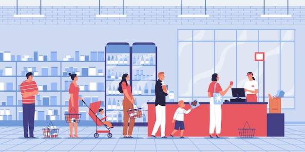 바구니 카트 벡터 삽화가 있는 계산대 줄에 서 있는 사람들과 실내 풍경이 있는 슈퍼마켓 구성의 대기열