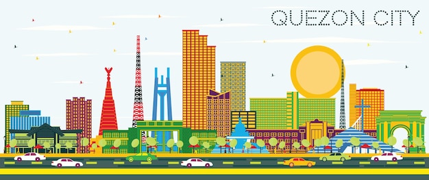 Vector quezon city philippines city skyline with color buildings and blue sky. vector illustration. business travel and tourism illustration with modern architecture. quezon city cityscape.