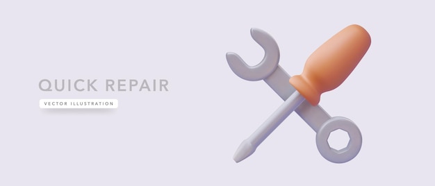 Quick repair banner concept with realistic realistic wrench and screwdriver Vector illustration