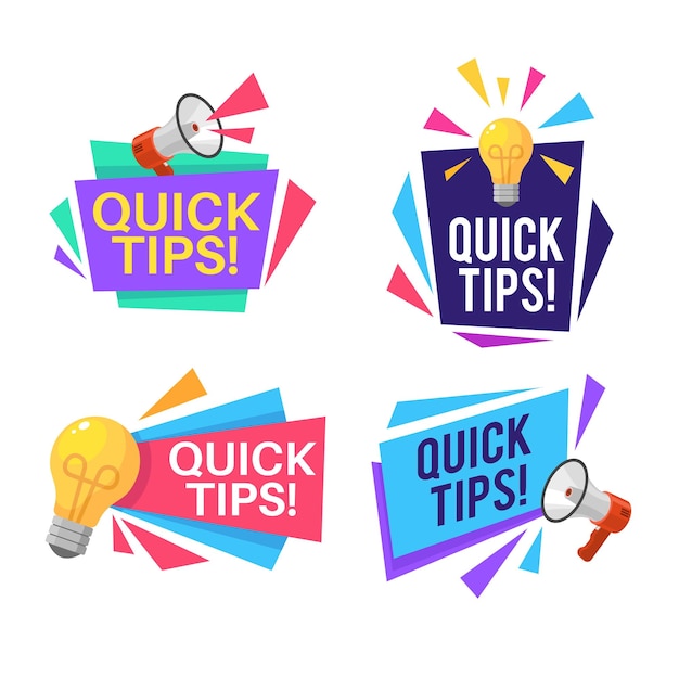 Vector quick shortcuts useful tips and recommendations with megaphone and light bulb symbols and text reminder labels abstract shapes information bages web button and info banner vector isolated set