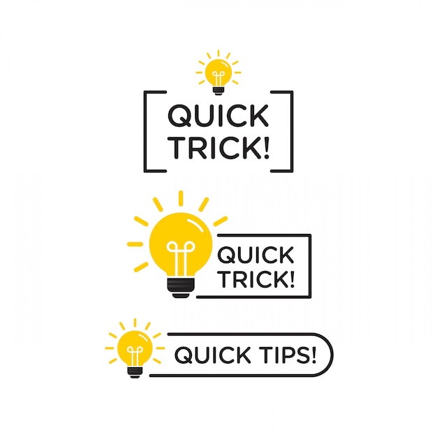 Quick tips, helpful tricks vector logo icon or symbol set with black and yellow color and lightbulb element