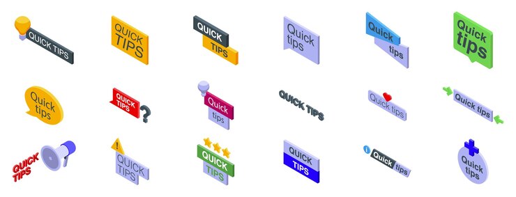 Vector quick tips icons set set of quick tips banners with isometric icons in various styles