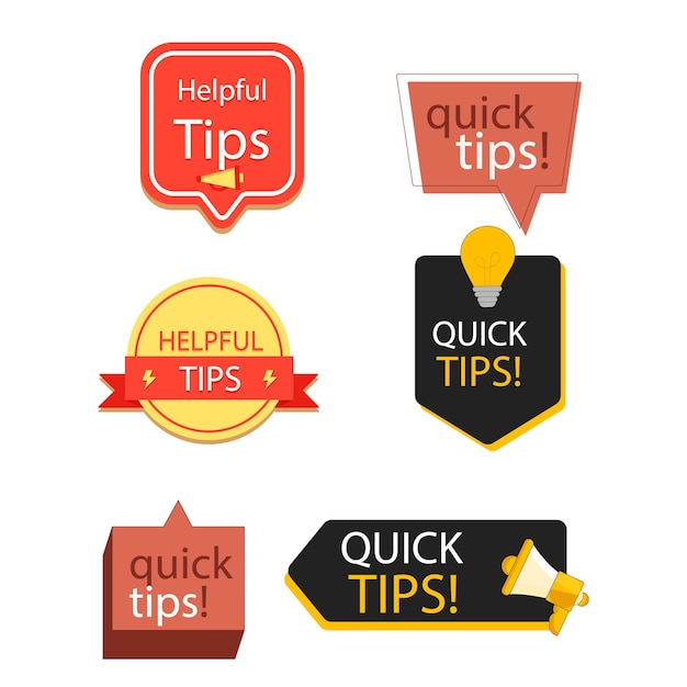 Quick tips label vector set moderne stijl voor tooltip badge oplossing en advies banner handige truc