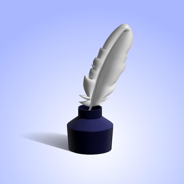 Quill and inkwell 3d icon feather in inkwell vector 3d icon