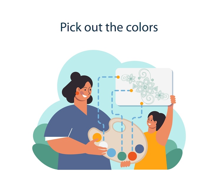 Vector quilling character picking colors for applique technique with colored