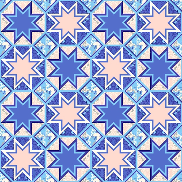 Vector quilt abstract seamless pattern patchwork craft handmade background design with star shape