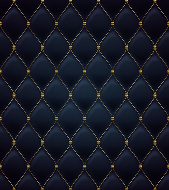 Quilted seamless pattern. Black color. Golden metalling stitching on textile.