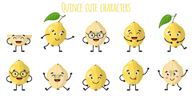 Quince fruit cute funny cheerful characters with different poses and emotions