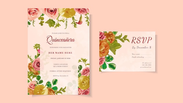 Quinceanera birthday celebration floral flyer invitation card template