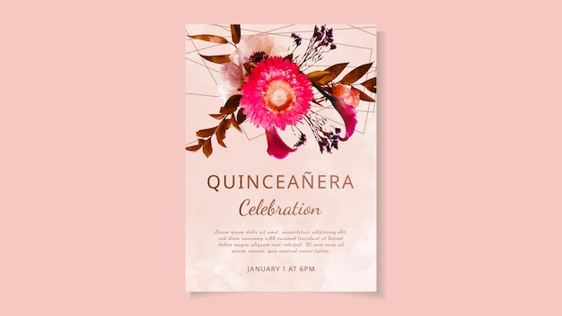 Quinceanera 생일 축하 꽃 전단지 초대 카드 템플릿