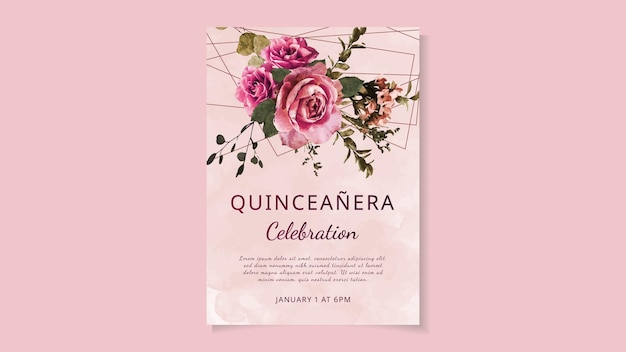 Modello di biglietto d'invito per volantino floreale di celebrazione di compleanno di quinceanera