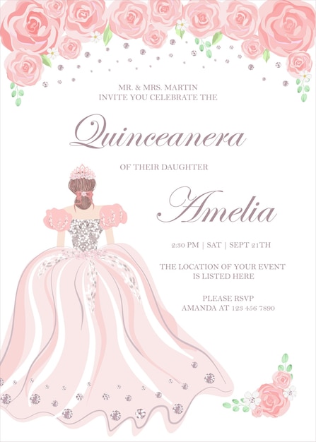 Пригласительный билет на празднование дня рождения Quinceanera для девушки из Латинской Америки в тематическом декоре с цветочным дизайном