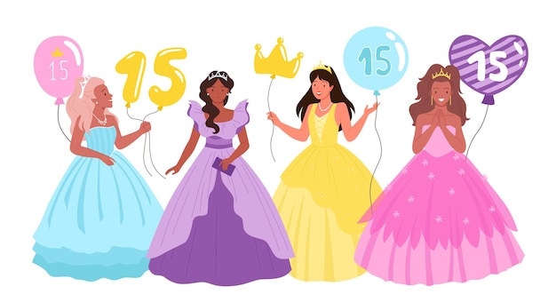 Вектор Вечеринка по случаю дня рождения quinceanera с красивыми девочками-подростками в платьях принцесс