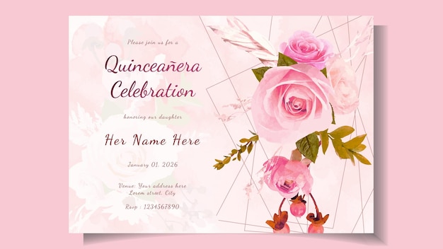 Vector quinceanera flowers invite template for birthday party of 15 year old