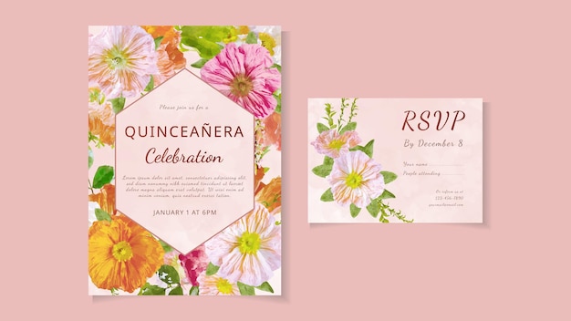 Quinceanera verjaardagsviering bloemen flyer uitnodigingskaartsjabloon