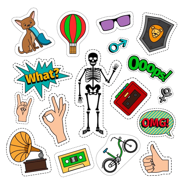 Quirky colorful retro style stickers with skeleton, bike, cat, air balloon, and hand signs.