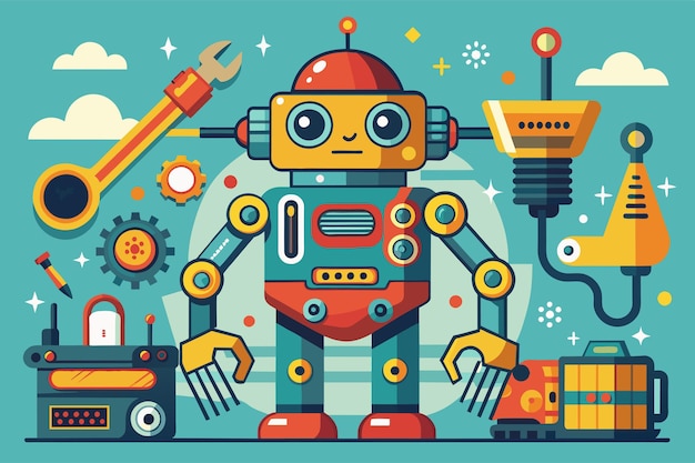 Quirky robot reparatie met een verscheidenheid aan eigenzinnige mechanische wezens vector illustratie