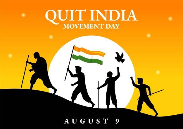 Vector quit india movement day vector illustration on 9 august with indian flag and people silhouette