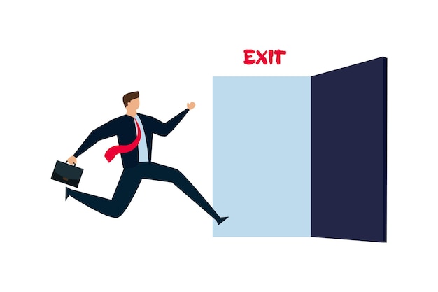 Vector quit routine job businessman worker in suit running in hurry to emergency door with the sign exit
