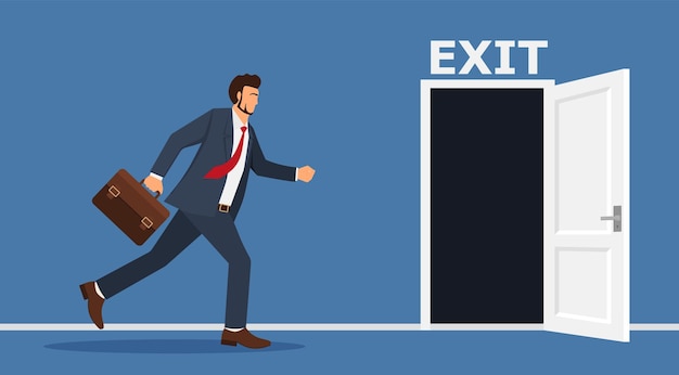 Vector quit routine job leaving or escape way for business dead end to be success or exit from work difficulties concept businessman worker in suit running in hurry to emergency door with the sign exit