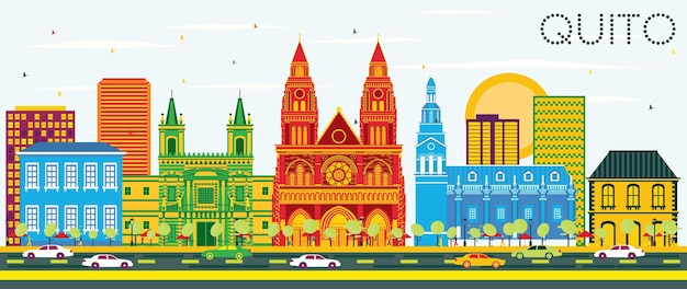 Quito ecuador city skyline with color buildings and blue sky. vector illustration. business travel and tourism concept with historic architecture. quito cityscape with landmarks.