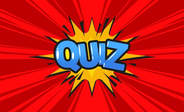 Quiz banner in comics pop art style on red background. Vector cartoon