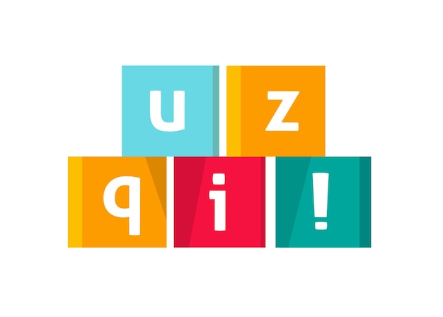 Quiz logo pictogram vector tekst in kubussen spel symbool platte cartoon afbeelding