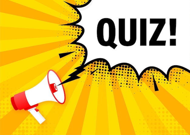 Quiz megafoon gele banner in vlakke stijl. luidspreker. illustratie.