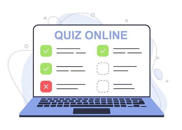 Quiz online op laptop Onderwijs of quiz online Moderne vectorillustratie