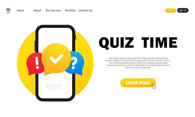 Quiz online op smartphone. Het concept is de vraag met het antwoord. Tijd voor een quiz. Website. Vector illustratie.