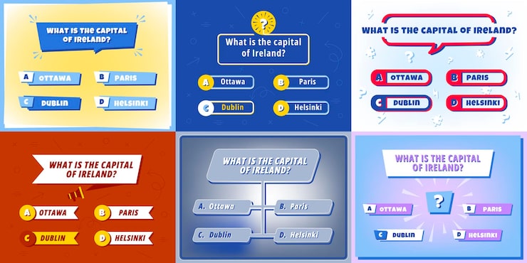 Quiz question template UI layout for quiz show game with question frame and multiple choice answer options Intellectual test menu screen with trivia question vector set