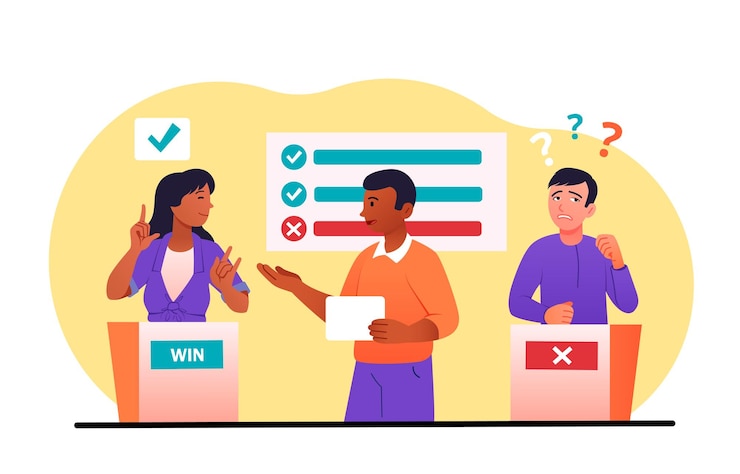 Vector quiz show concept presenter interrogates man and girl entertainment program intellectual game and