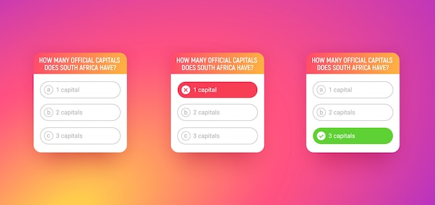 quiz template for social media application. poll with question options on colored gradient background. quiz ui interface with buttons. windows with correct and wrong answers.
