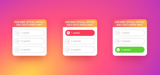 Quiz template for social media application. Poll with question options on colored gradient background. Quiz ui interface with buttons. Windows with correct and wrong answers.