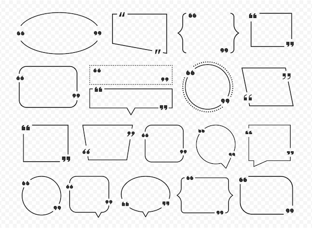 引用ボックス透明な背景のテキストとレタリングのアウトラインフォームを引用コピースペースのあるアイデアフレーム黒のカウンターコメントバブルと円形または正方形のベクトルテンプレート分離セット
