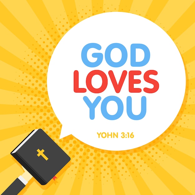 Vector quotation from the bible, god loves you lettering in retro rays background